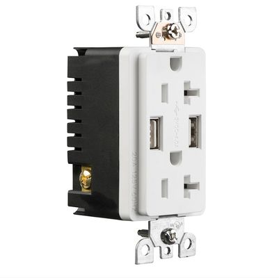 PC ABS Material Dual USB Socket Wall Outlet 20A 125V AC Tamper Resistant