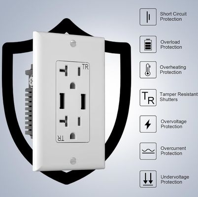 PC ABS Material Dual USB Socket Wall Outlet 20A 125V AC Tamper Resistant