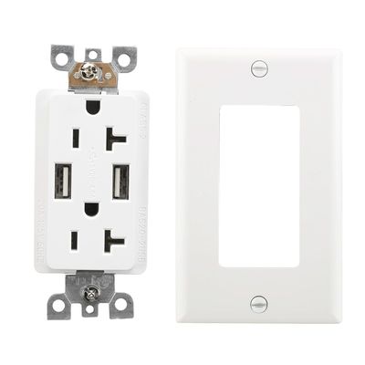 PC ABS Material Dual USB Socket Wall Outlet 20A 125V AC Tamper Resistant