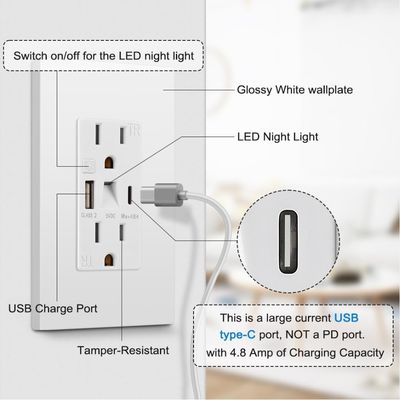 Fast Charging USB Type C Outlet PD20W Receptacle With Light