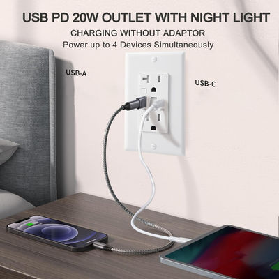 20A 125V USB Type C Wall Outlet Night Light Power Delivery Fast Charger